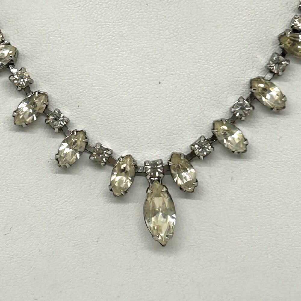 Vintage Weiss Rhinestone Necklace Choker Marquise Round Cut Wedding Formal Retro - Picture 3 of 11